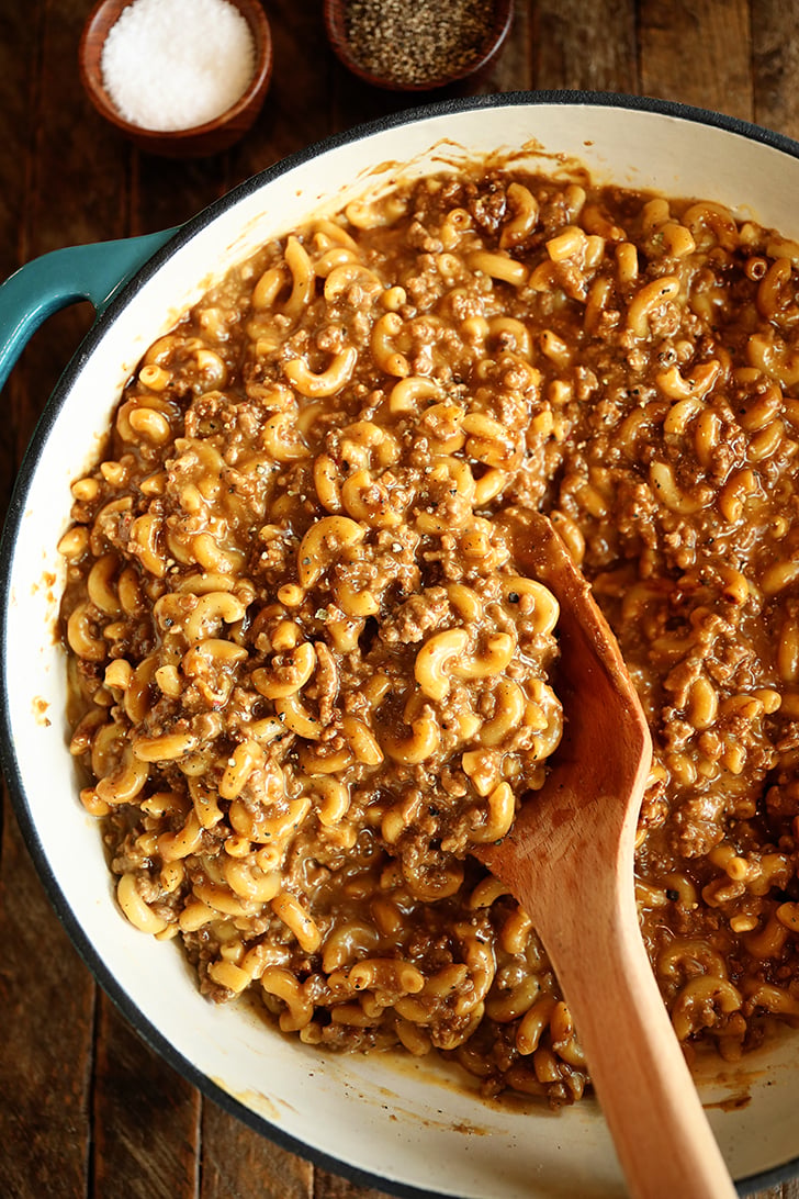 Homemade Hamburger Helper in a skillet.