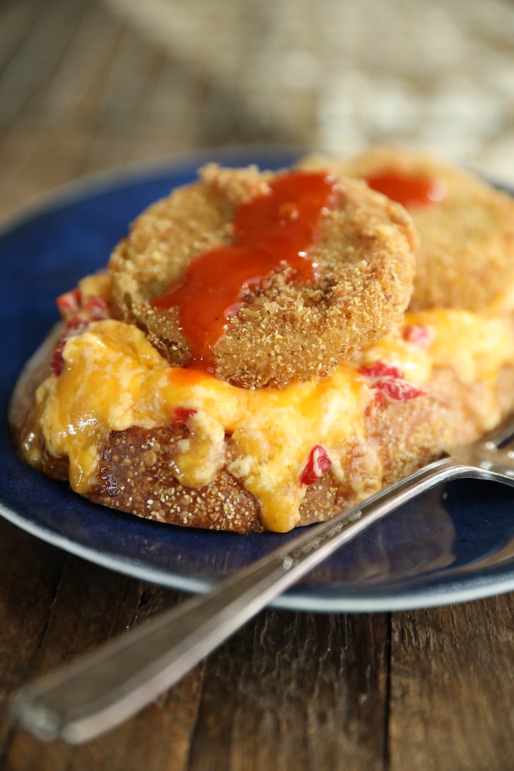 Open faced grilled pimento cheese with fried green tomatoes.