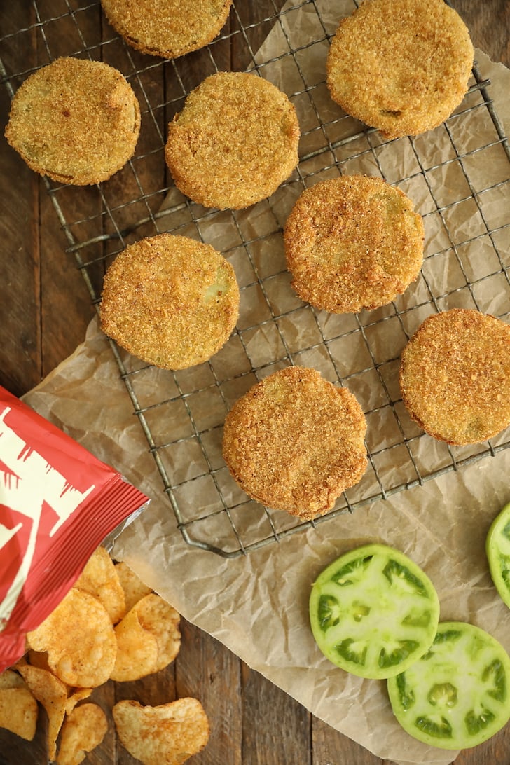 fried green tomatoes on wire rack.