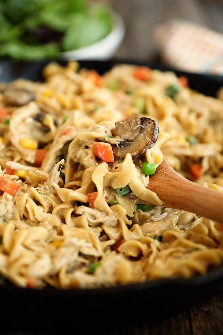 close-up view of One-Pot Chicken Pot Pie Noodles.