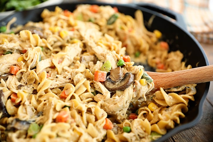 close-up view of One-Pot Chicken Pot Pie Noodles.