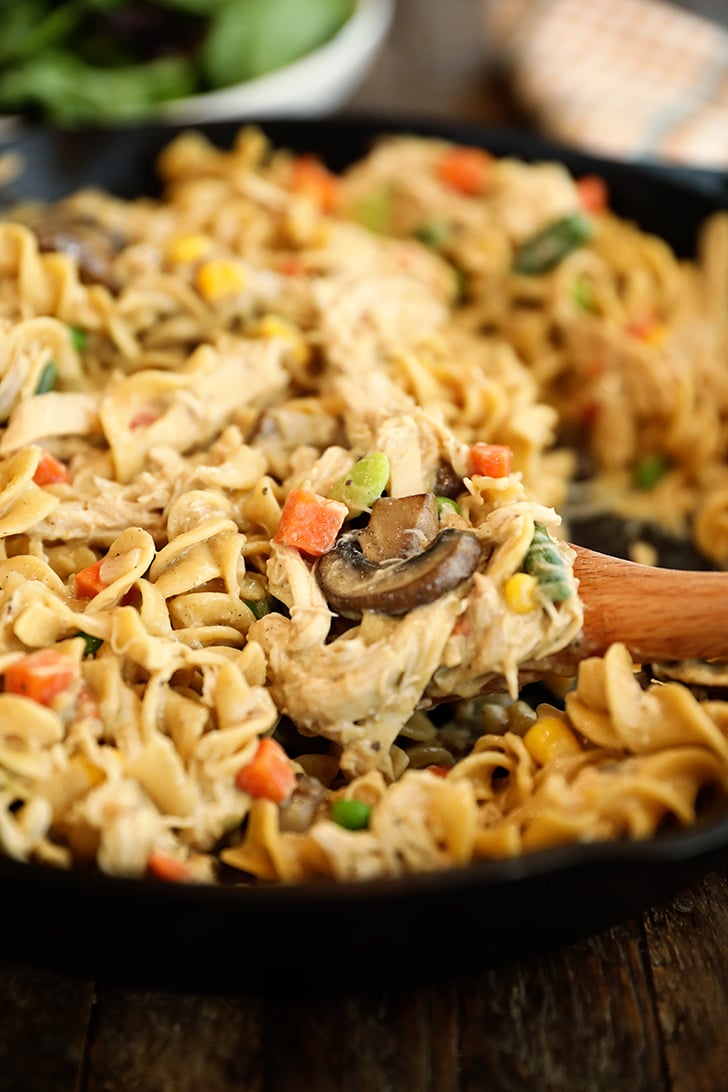 Close-up view of One-Pot Chicken Pot Pie Noodles.