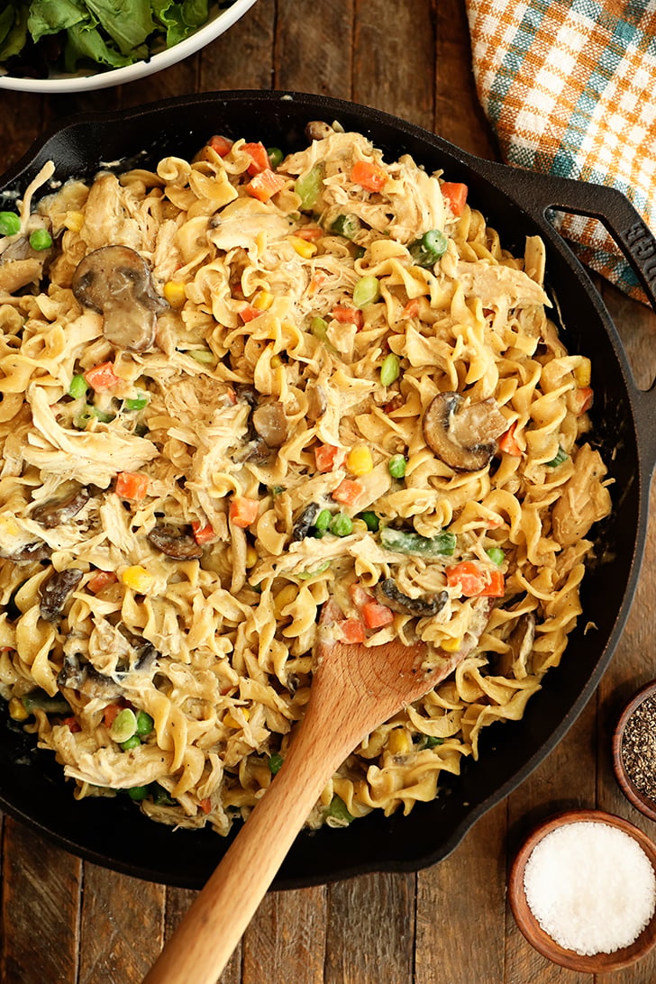 Overhead view of One-Pot Chicken Pot Pie Noodles in skillet.