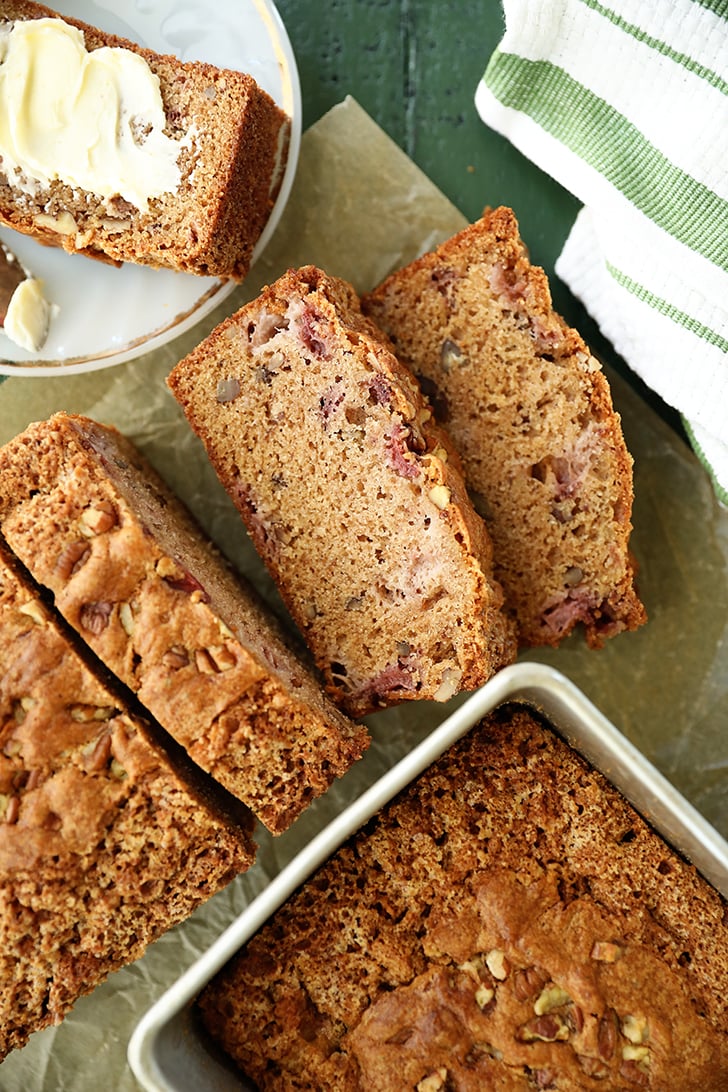 Overhead view of sliced Strawberry bread.