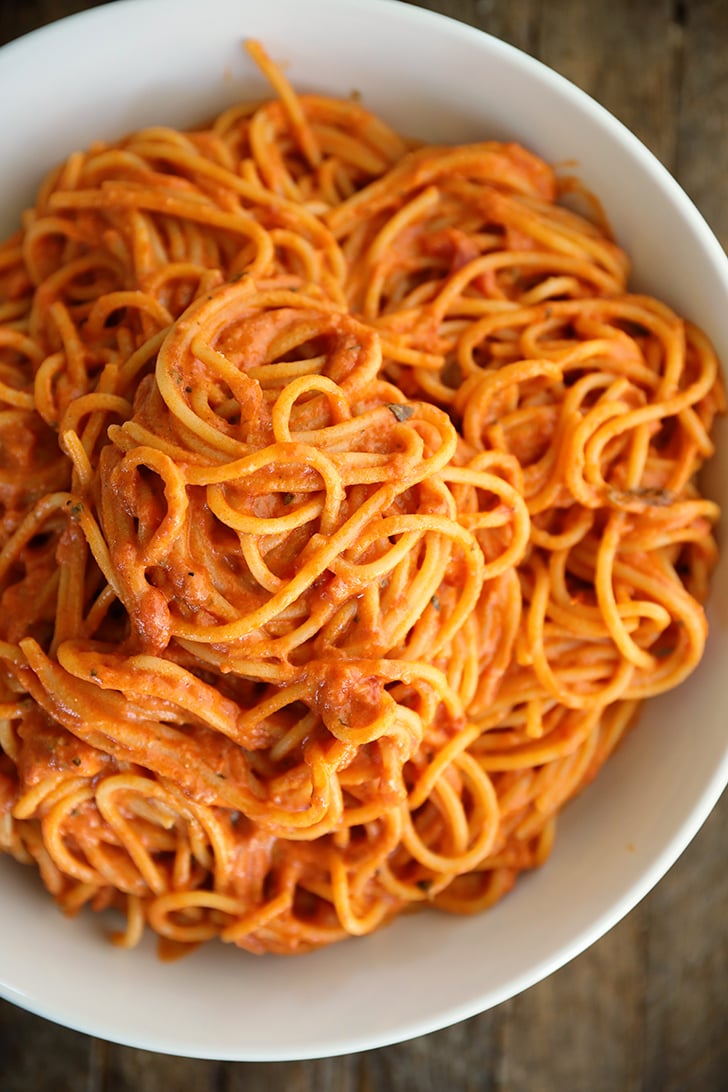 Overhead view of 3-Ingredient Tomato and Boursin Pasta in serving bowl.