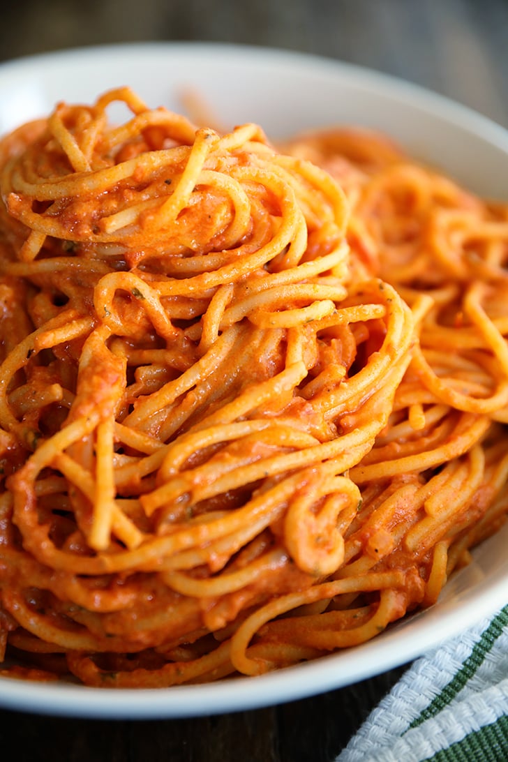 3-Ingredient Tomato and Boursin Pasta swirled in a white bowl.