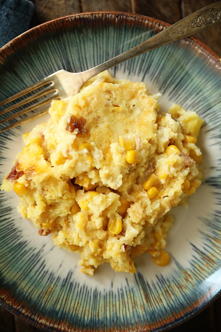 overhead view of spoon bread on plate.