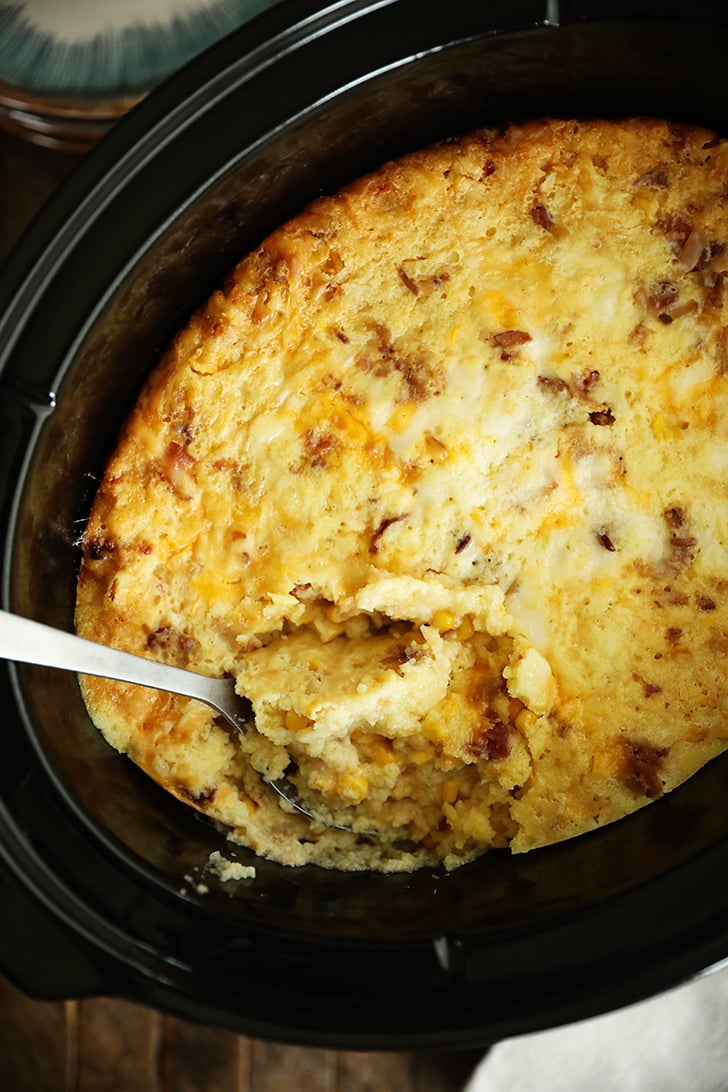 overhead view of spoon bread in slow cooker.