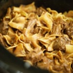 Slow Cooker Beef Stroganoff in a crock pot.