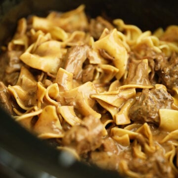 Slow Cooker Beef Stroganoff in a crock pot.