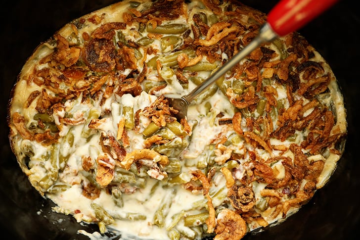 Overhead view of Slow Cooker Ultimate Green Bean Casserole.