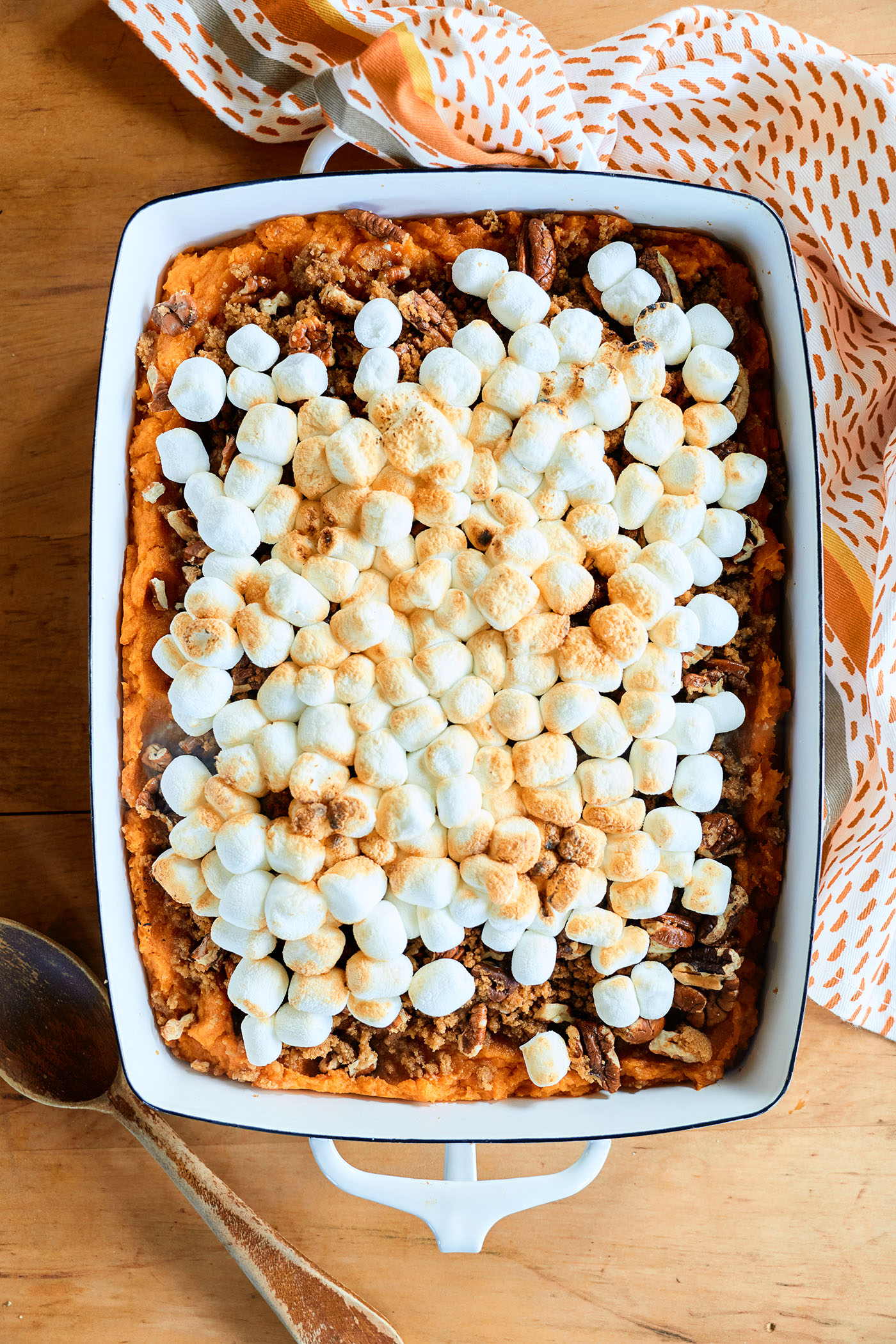 Overhead view of Ultimate Sweet Potato Casserole.