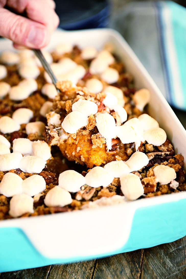 Scoop of Ultimate Sweet Potato Casserole.