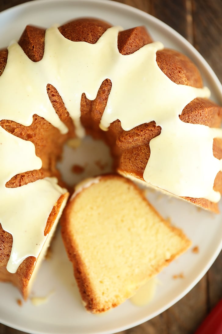 Overhead view of Eggnog Pound Cake with slice.