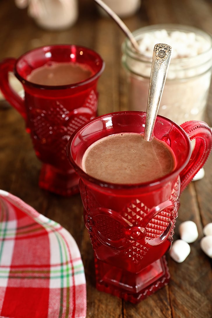 Homemade Hot Chocolate in red cups.