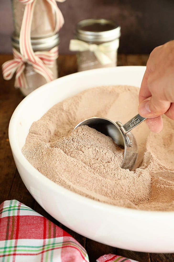 Scoop of Homemade Hot Chocolate Mix in bowl.