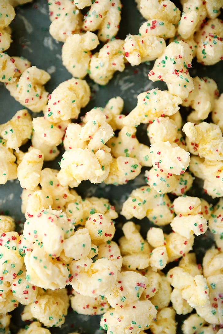 Overhead shot of Candied Puff Corn on wax paper.