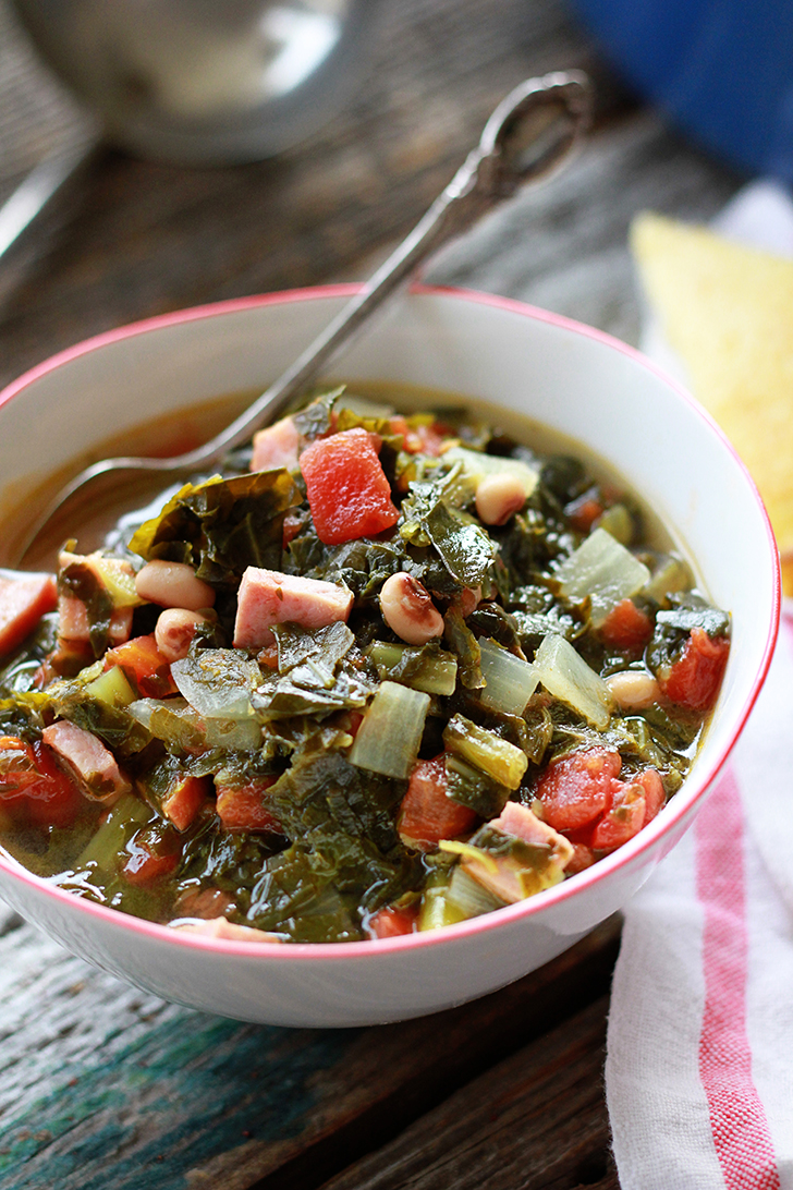 Quick and Easy Potlikker Soup in a white bowl.