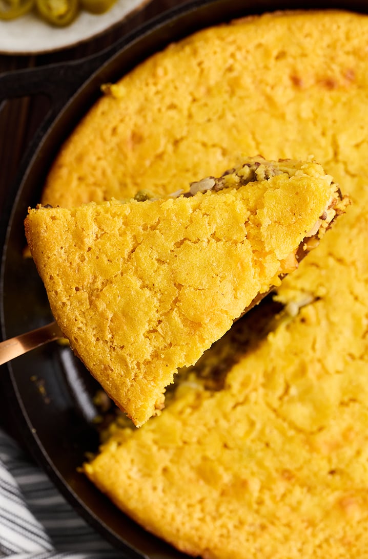 Overhead view of slice of Mexican Cornbread.