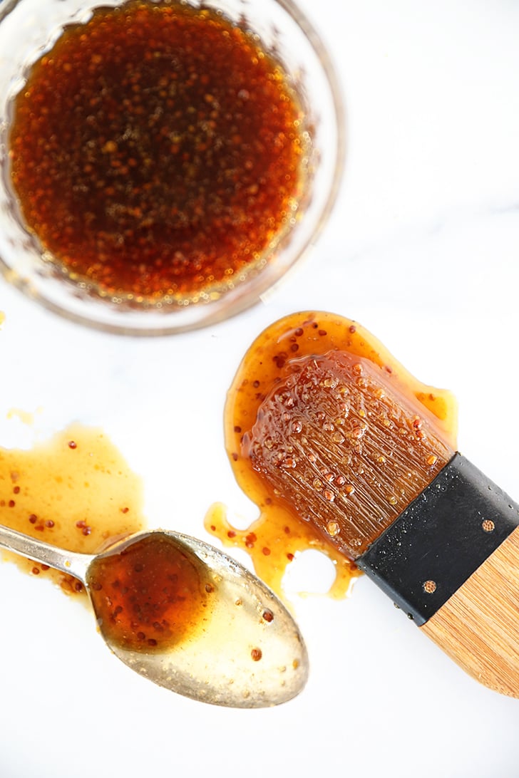 Overhead view of Brown Sugar Pineapple Ham Glaze on marble counter.