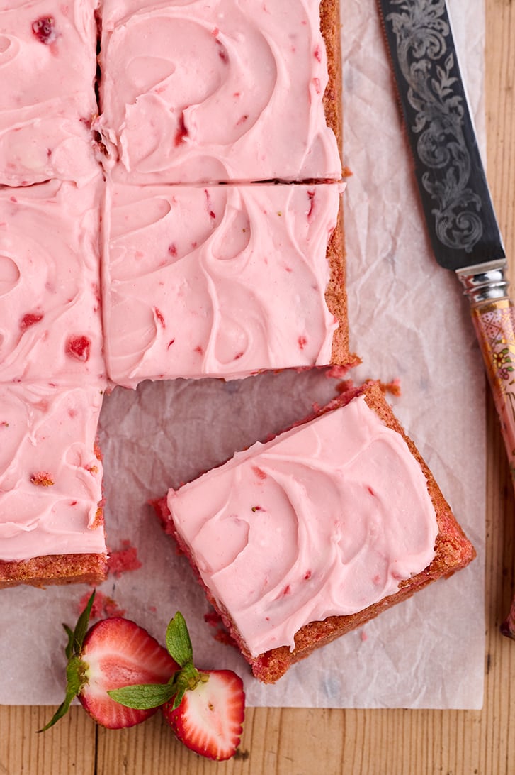 Overhead view of Strawberry Sheet Cake.