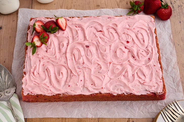 Overhead view of Strawberry Sheet Cake.