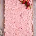 Overhead view of Strawberry Sheet Cake.