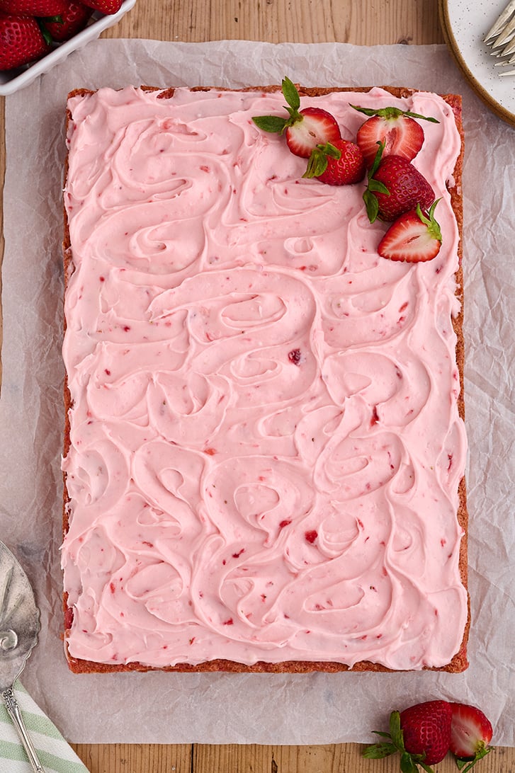 Overhead view of Strawberry Sheet Cake.