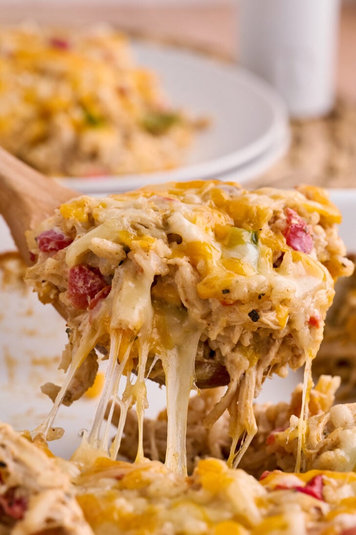 Cheesy scoop of Chicken Fajita Casserole.
