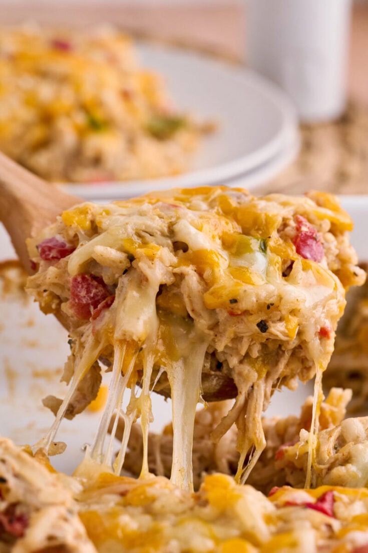 Cheesy scoop of Chicken Fajita Casserole.