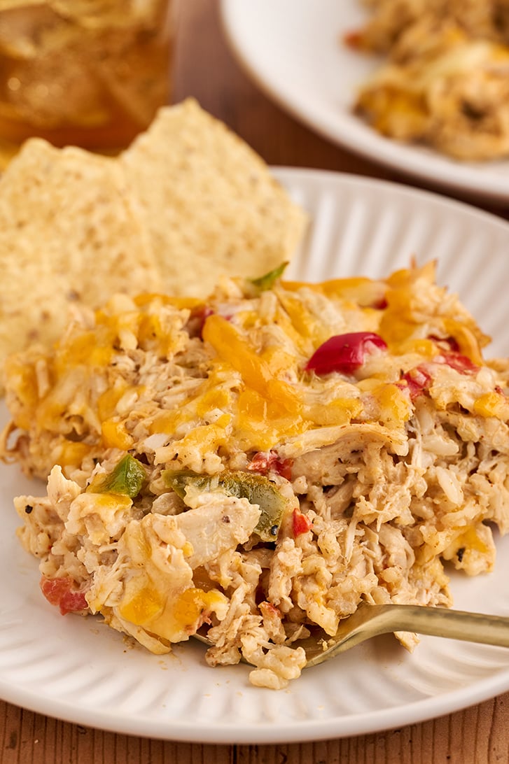 Serving of Chicken Fajita Casserole on plate.