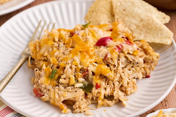 Serving of Chicken Fajita Casserole on plate.