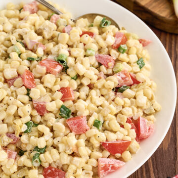 Easy Corn Salad in a white bowl.