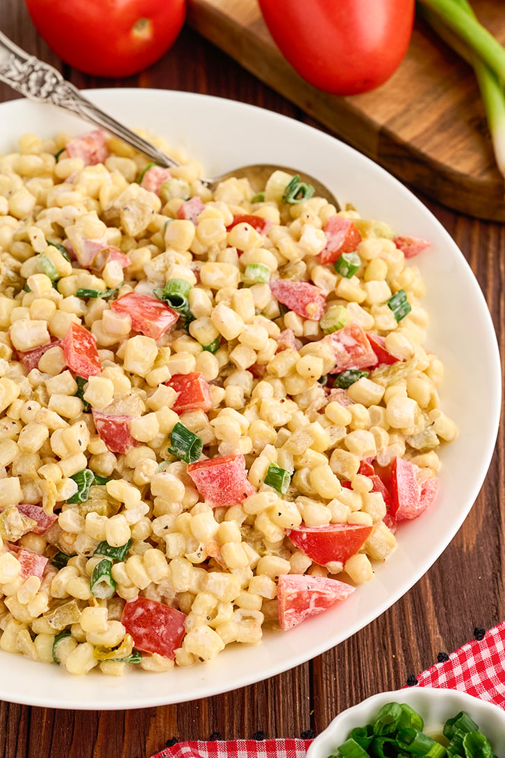 Easy Corn Salad in a white bowl.