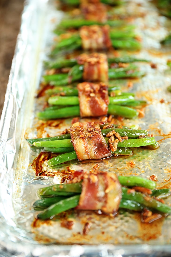 Green Bean Bundles on sheet pan.