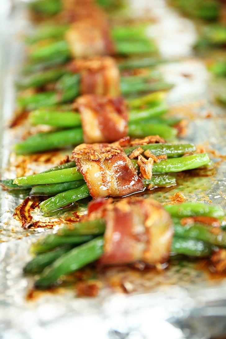 Green Bean Bundles on sheet pan.