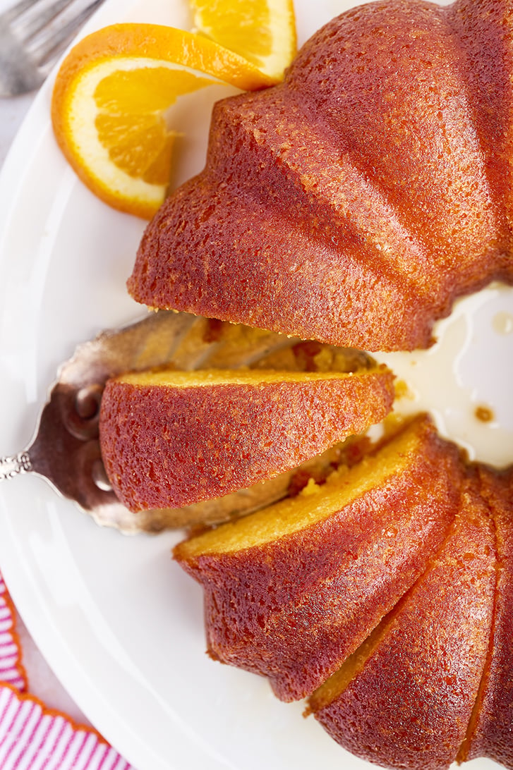 Overhead view of serving Orange Juice Cake.