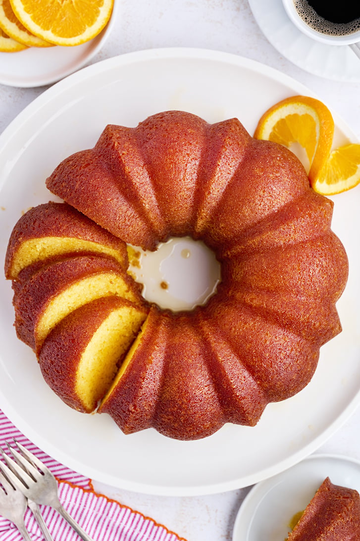 Overhead view of sliced Orange Juice Cake.