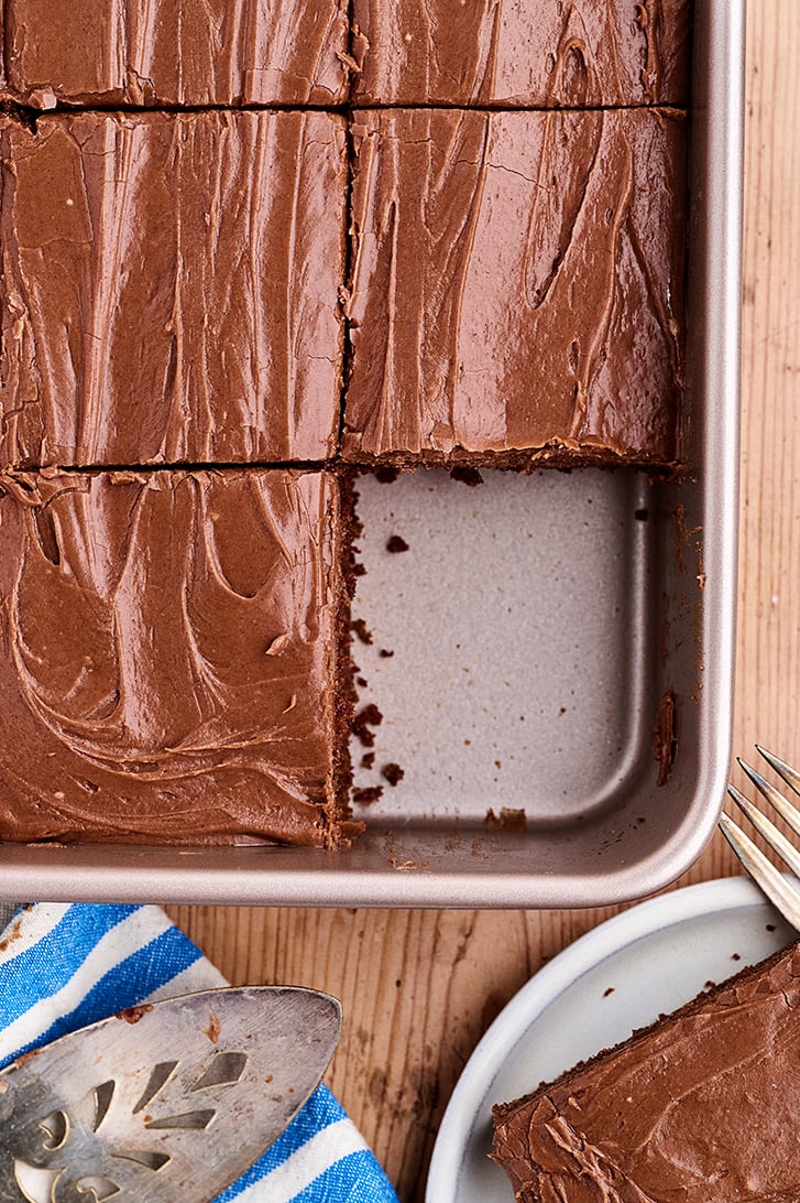Slice missing from Buttermilk Chocolate Cake.