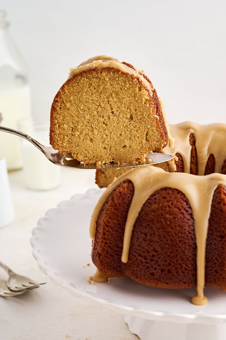 Slice of Caramel Pound Cake on server.