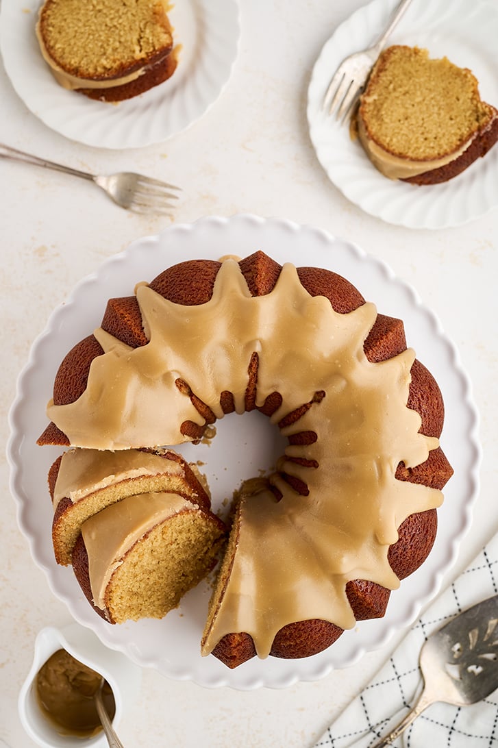 Overhead view of Caramel Pound Cake with slices.