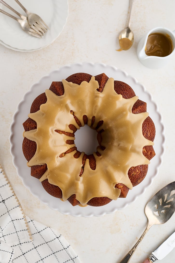 Overhead view of whole Caramel Pound Cake.