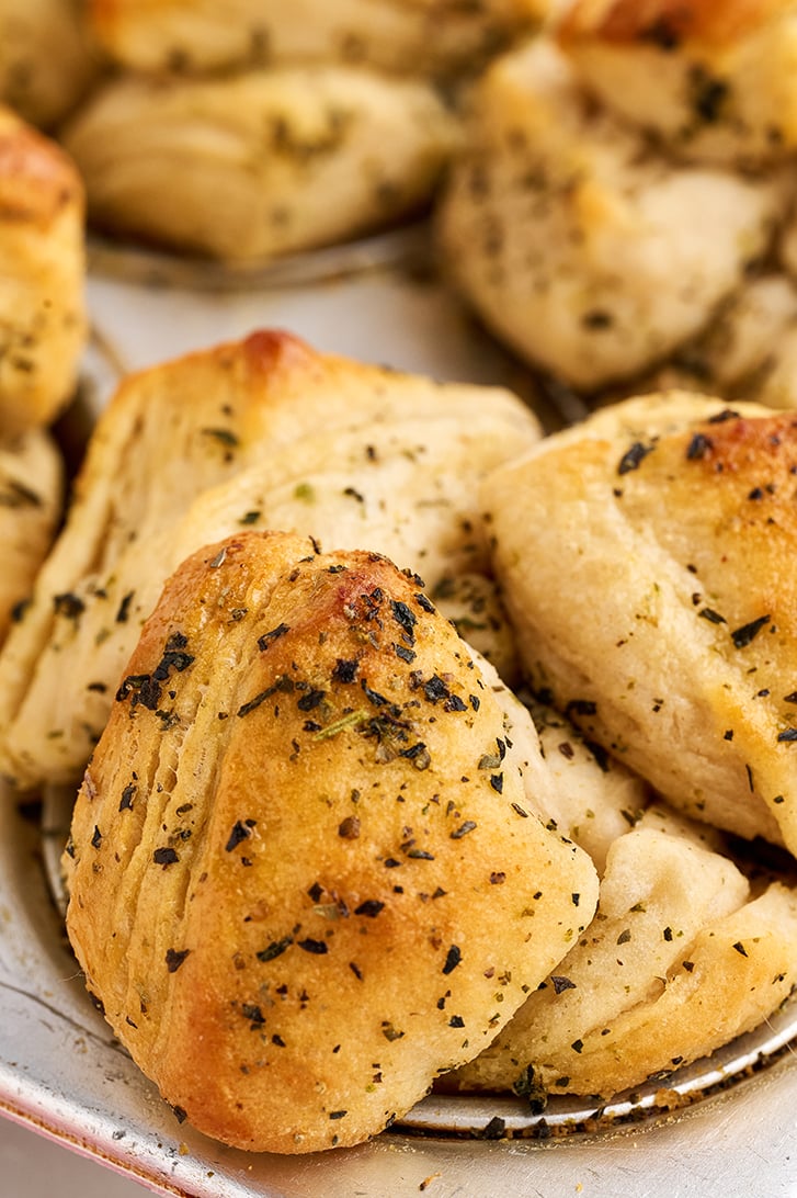 Close-up of Shortcut Garlic Herb Pull-Apart Rolls.