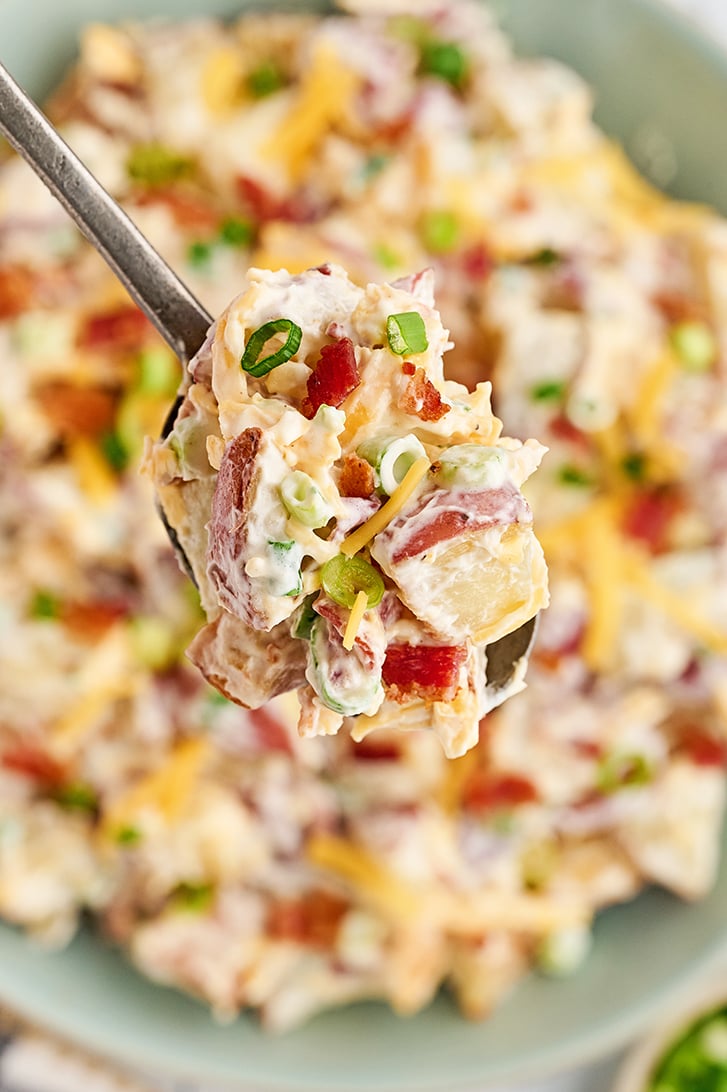 Spoonful of Loaded Baked Potato Salad.