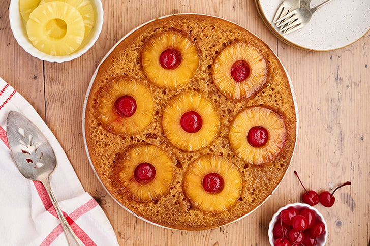 Overhead view of whole Skillet Pineapple Upside-Down Cake.