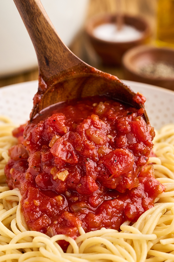 Homemade Marinara Sauce over spaghetti.