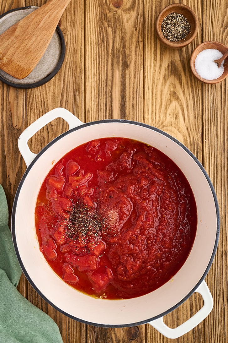 Homemade Marinara Sauce in a white pot.
