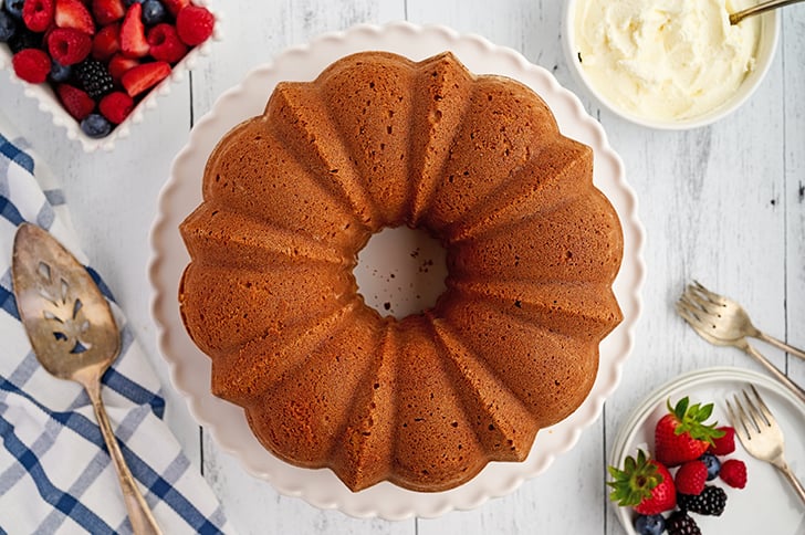 Overhead view of whole Cream Cheese Pound Cake.