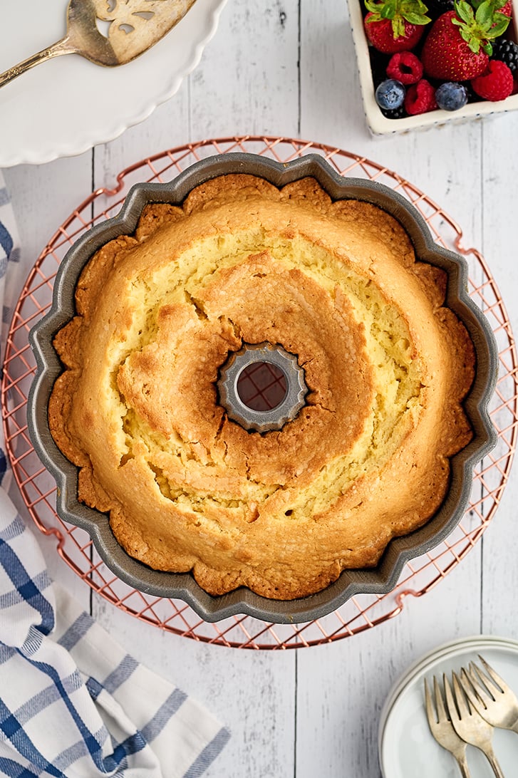 Whole Cream Cheese Pound Cake in pan.