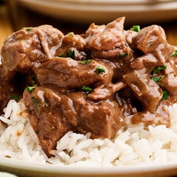 Slow Cooker Beef Tips on Rice.